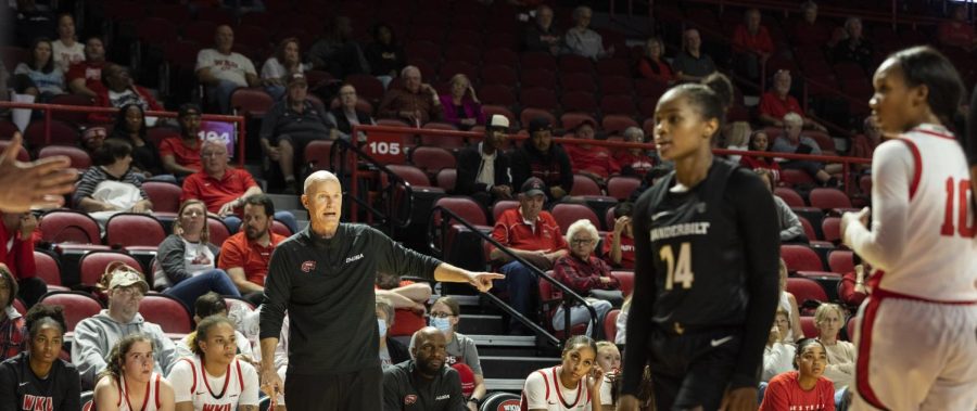 WKU head coach Greg Collins yells to the team from the sidelines during the season opener with Vanderbilt on Monday, Nov. 7, 2022 in E.A. Diddle Arena. WKU lost 82-71.