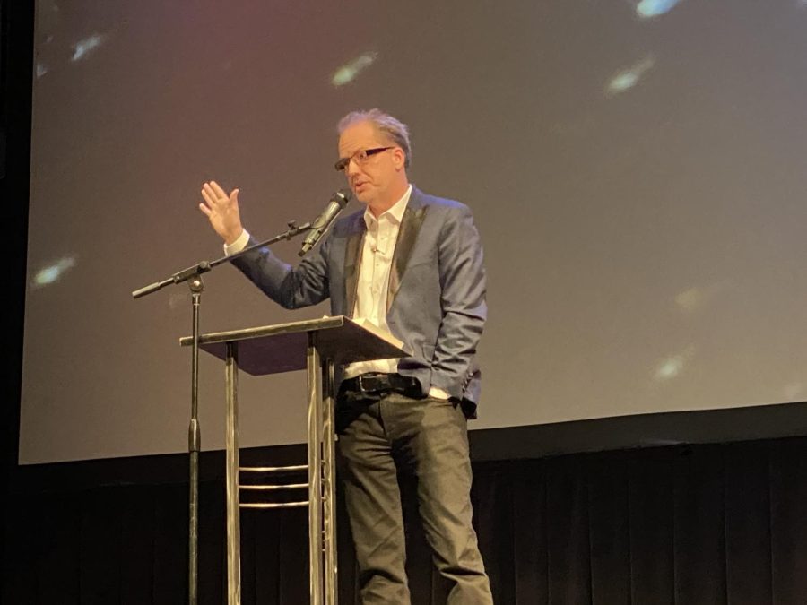David Bell, professor and interim director of MFA Program in the English department, speaks at Capitol Arts Theatre in downtown Bowling Green at the launch for his latest book titled Shes Gone.