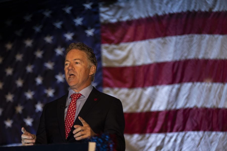 Incumbent GOP Senator Rand Paul gives remarks shortly after defeating Democrat Charles Booker in the 2022 midterm elections during his victory party at Bowling Green Country Club on Tuesday, Nov. 8, 2022.