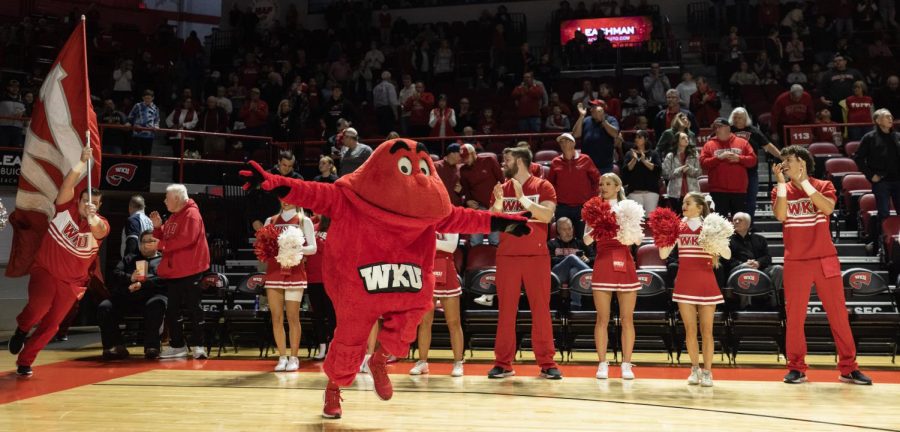 Big Red leads the Hilltoppers onto the court at E.A. Diddle Arena ahead of the their matchup with Wright State on Saturday, Dec. 10, 2022. WKU won 64-60.