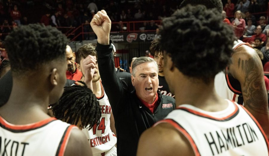 WKU head coach Rick Stansbury hypes up the Hilltoppers ahead of their matchup with Wright State in E.A. Diddle Arena on Saturday, Dec. 10, 2022. WKU won 64-60.