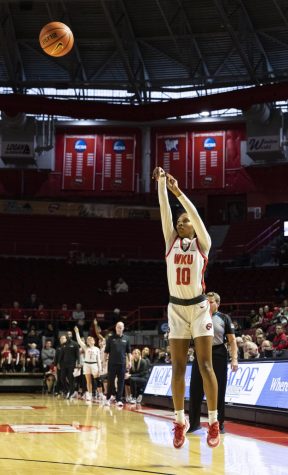 WKU freshman guard Acacia Hayes (10) puts up a three-pointer during the matchup with FAU in E.A. Diddle Arena on Saturday, Jan. 28, 2023. WKU won 66-65. 