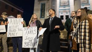 City Commissioner Carlos Bailey speaks about no-knock warrants at BG Freedom Walkers second “Keep Breonna Taylor’s Name & Legacy Alive” protest and march on Monday evening, Jan. 23, 2023 on the steps of Anna’s Greek Restaurant In downtown Bowling Green, Ky. 