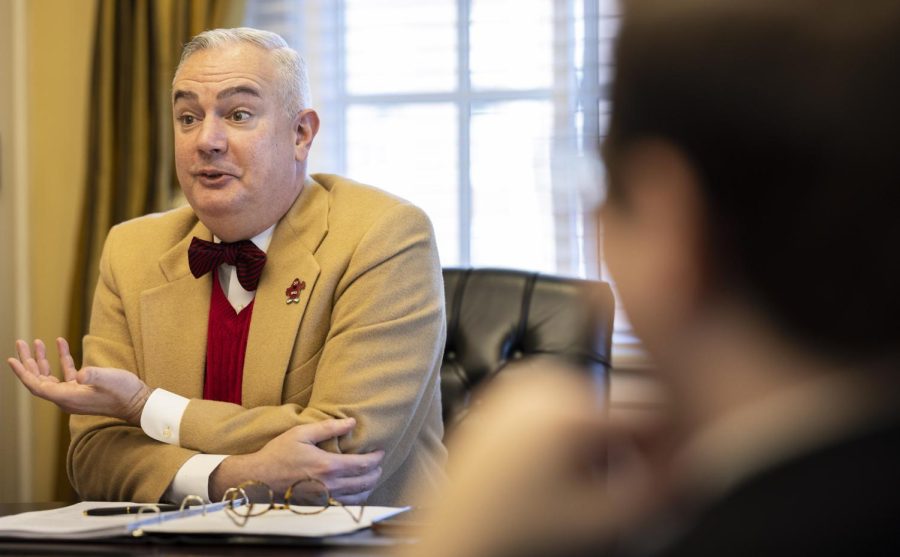 WKU President Timothy C. Caboni meets with members of the College Heights Herald Editorial Board on the first day of classes of the Spring 2023 semester in the Presidents House on Tuesday, Jan. 17.