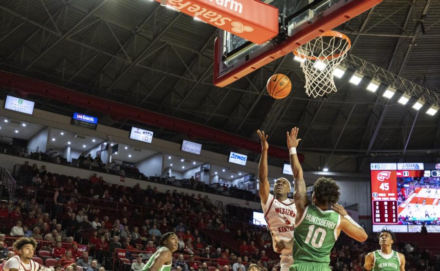 Fifth year forward Jairus Hamilton (3) puts up a two-pointer during the matchup with University of North Texas in E.A. Diddle Arena on Thursday, Jan. 5, 2023. WKU lost 70-66.