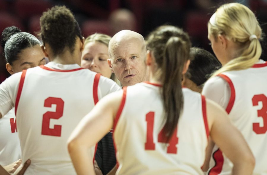 WKU head coach Greg Collins talks with the Lady Toppers amid a timeout during the matchup with FAU in E.A. Diddle Arena on Saturday, Jan. 28, 2023. WKU won 66-65.