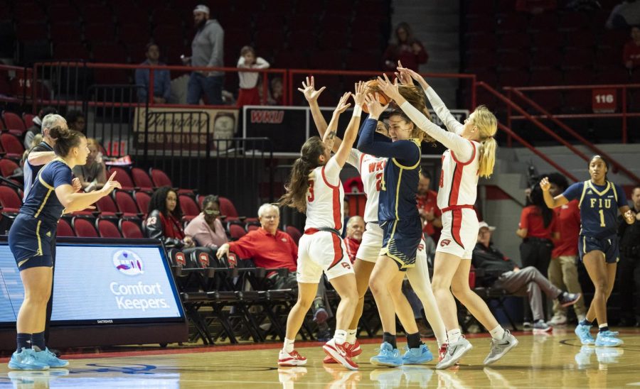 The Lady Toppers put up a stout defense against FIU’s junior forward Maria Torres (44) in E.A. Diddle Arena on Thursday, Jan. 26, 2023. WKU won 67-63.