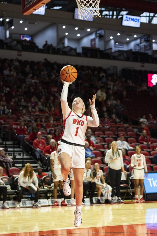Junior guard Hope Sivori (1) throws up an uncontested bank shot after a rebound during the matchup with UAB in E.A. Diddle Arena on Wednesday, Jan. 11, 2023. WKU won 75-71.