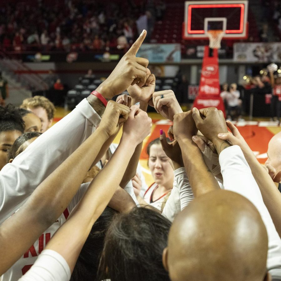 The+Lady+Toppers+celebrate+their+victory+over+UAB+in+E.A.+Diddle+Arena+on+Wednesday%2C+Jan.+11%2C+2023.+WKU+won+75-71.