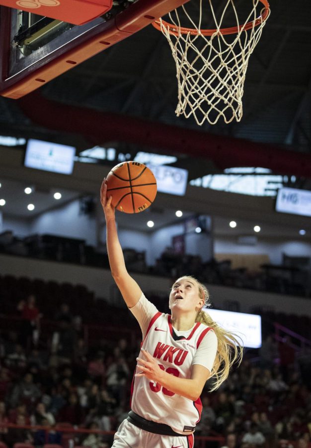 Freshman+guard+Josie+Gilvin+%2833%29+puts+up+an+uncontested+bank+shot+against+UAB+in+E.A.+Diddle+Arena+on+Wednesday%2C+Jan.+11%2C+2023.+Gilvin+made+three+steals+and+nine+points+in+26+minutes+of+play.+WKU+won+75-71.