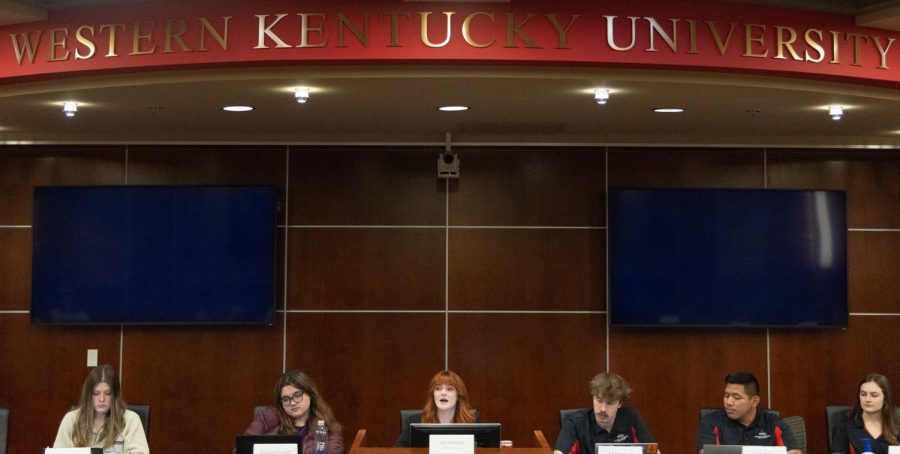 Speaker of the Senate Julie Mishchuk (center) addresses Western Kentucky University’s Student Government Association as they convene for the second session of the spring semester on Tuesday evening, Jan. 24, 2023 in the SGA chambers on campus in Bowling Green.