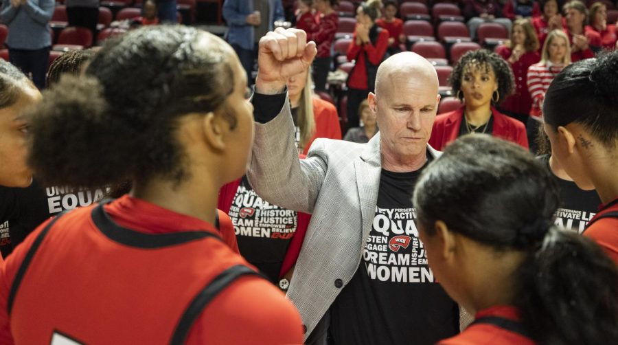 WKU head coach Greg Collins rallies the Lady Toppers ahead of their matchup with Charlotte in E.A. Diddle Arena on Thursday, Feb. 16, 2023. WKU won 75-73.