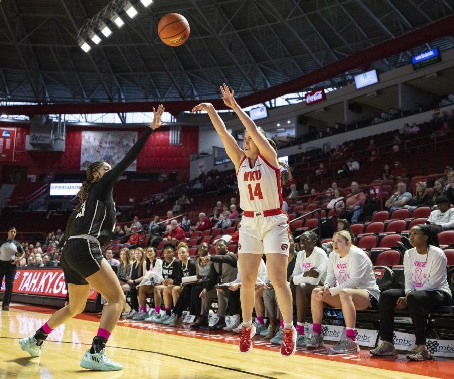 Junior guard Teresa Faustino (14) shoots a jumper during the matchup with Rice in E.A. Diddle Arena on Saturday, Feb. 18, 2023. WKU lost 82-64.