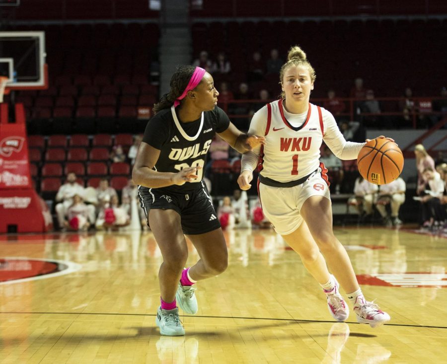 Junior guard Hope Sivori (1) on a drive during the matchup with Rice in E.A. Diddle Arena on Saturday, Feb. 18, 2023. WKU lost 82-64.