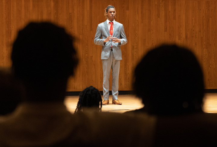 Rashon Leday delivers a speech on the topic of cash bail during the WKU Forensics team’s Black Excellence Showcase on Wednesday, Feb. 8, 2023 in the FAC recital hall. The annual event, sponsored by the African American Studies program, features stories, performances and speeches from Black WKU students.