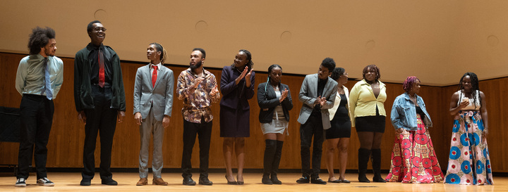 Members of the WKU Forensics team take the stage at the end of the Black Excellence Showcase on Wednesday, Feb. 8, 2023 in the FAC recital hall. The annual event, sponsored by the African American Studies program, features stories, performances and speeches from Black WKU students.