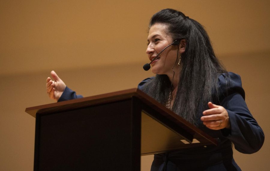 2022 US Poet Laureate Ada Limón reads a poem during a poetry reading event at the WKU Fine Arts Complex on Monday, Feb. 27, 2023. Limón is the author of six books of poetry, including The Carrying, which won the National Book Critics Circle Award for Poetry.