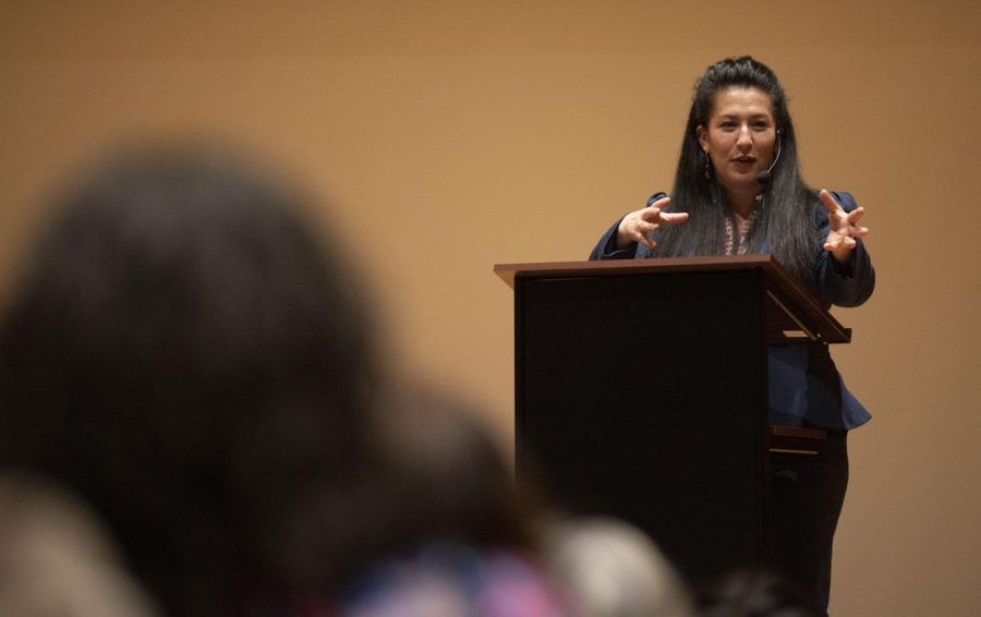 2022 US Poet Laureate Ada Limón reads a poem during a poetry reading event at the WKU Fine Arts Complex on Monday, Feb. 27, 2023. Limón is the author of six books of poetry, including The Carrying, which won the National Book Critics Circle Award for Poetry.