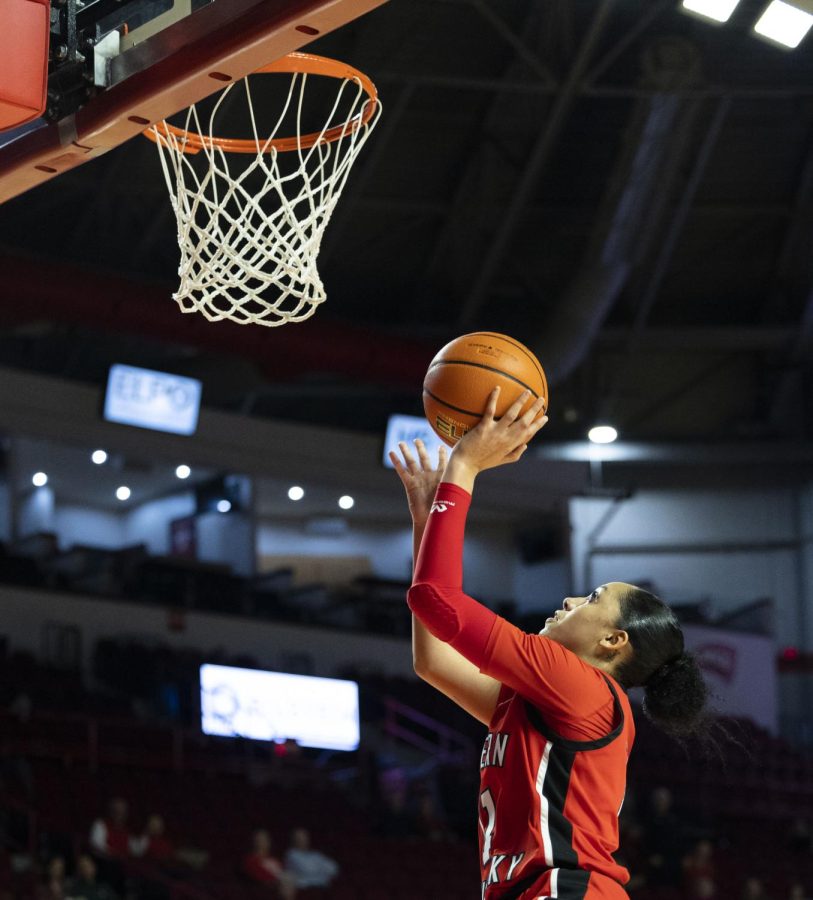 Sophomore forward Jaylin Foster (11) goes for a two-pointer during the matchup with Charlotte on Thursday, Feb. 16, 2023, in E.A. Diddle Arena. WKU won 75-73.  