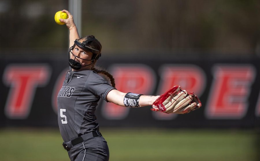 WKU senior pitcher Katie Gardner (5) throws a pitch during the game against the University of Akron at the WKU Softball Complex on March 5, 2023. Gardner pitched the entire game with 9 total strikeouts by the end of the game. WKU won 5-0.