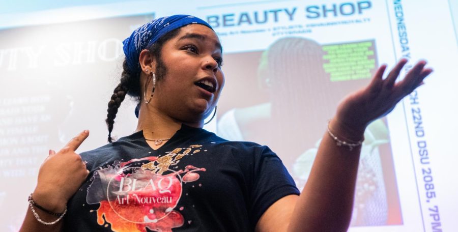 Healthcare administration studies senior Aysha Stovall, 22, president of WKU’s Blaq Art Nouveau, addresses attendees of the “beauty shop” event hosted by her organization on Wednesday, March 22, 2023 in room 2085 of DSU.