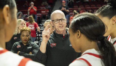 Head coach Greg Collins speaks to the Lady Toppers ahead of their matchup with UNT in E.A. Diddle Arena on Saturday, March 4, 2023. WKU won 76-67.