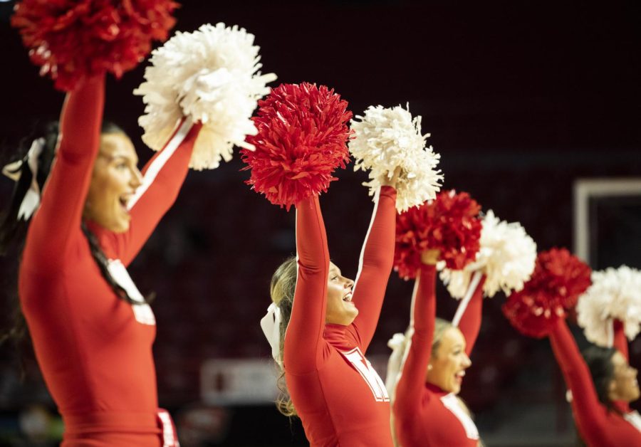 Members+of+the+WKU+cheer+team+hype+up+the+crowd+during+the+matchup+with+UNT+in+E.A.+Diddle+Arena+on+Saturday%2C+March+4%2C+2023.+WKU+won+76-67.
