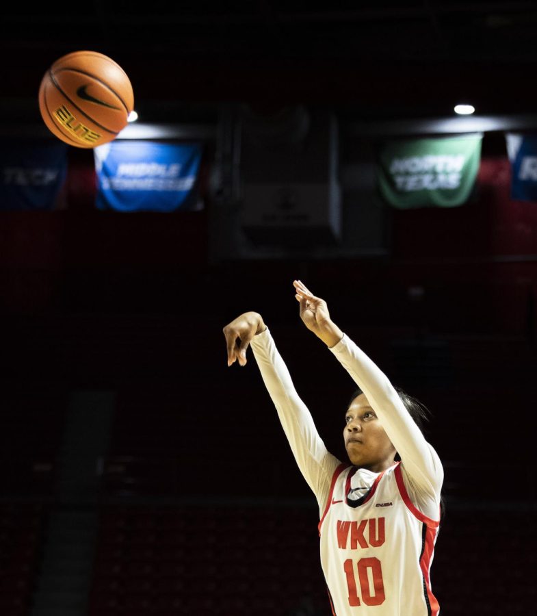 Freshman guard Acacia Hayes (10) shoots a three-pointer during the matchup with UTEP in E.A. Diddle Arena on Thursday, March 2, 2023. Hayes shot four-for-six on three-pointers, making 14 points in 19 minutes of play. WKU won 62-59.
