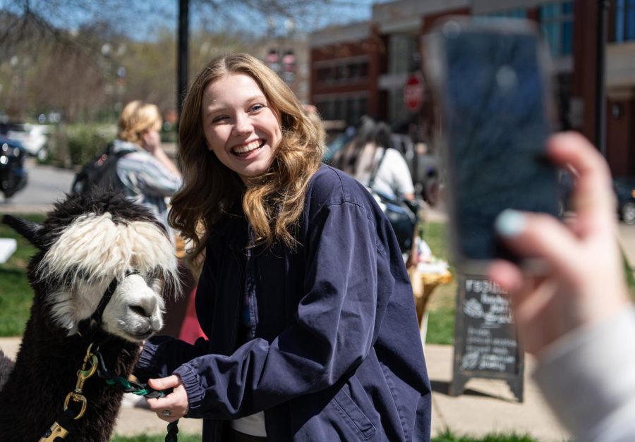 Sophomore broadcasting and communications student Anna Grace Castor, poses for photos with an alpaca from Happy Herd Farm on Wednesday, March 29, 2023 during the Market on the Avenue event held at Centennial Plaza.