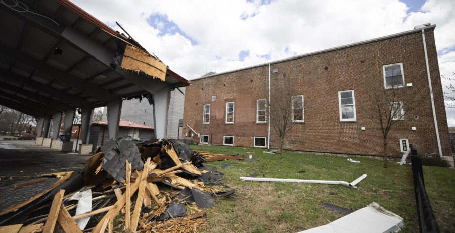 The roof of Taylors Chapel in Downtown Bowling Green, blew off in heavy winds landing on top of the Soky Marketplace Pavilion on Friday, March 3, 2023. 