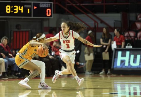 Sophomore guard Alexis Mead (3) on defense during the matchup with UTEP in E.A. Diddle Arena on Thursday, March 2, 2023. WKU won 62-59. 