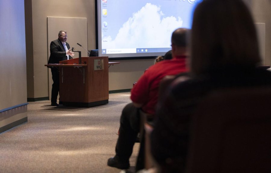 Willie Carver, the 2022 Kentucky Teacher of the Year and Ambassador to the Kentucky Department of Education, speaks during a talk as part of the PCAL Cultural Enhancement Series on Tuesday, March 28, 2023 in Jody Richards Hall. 