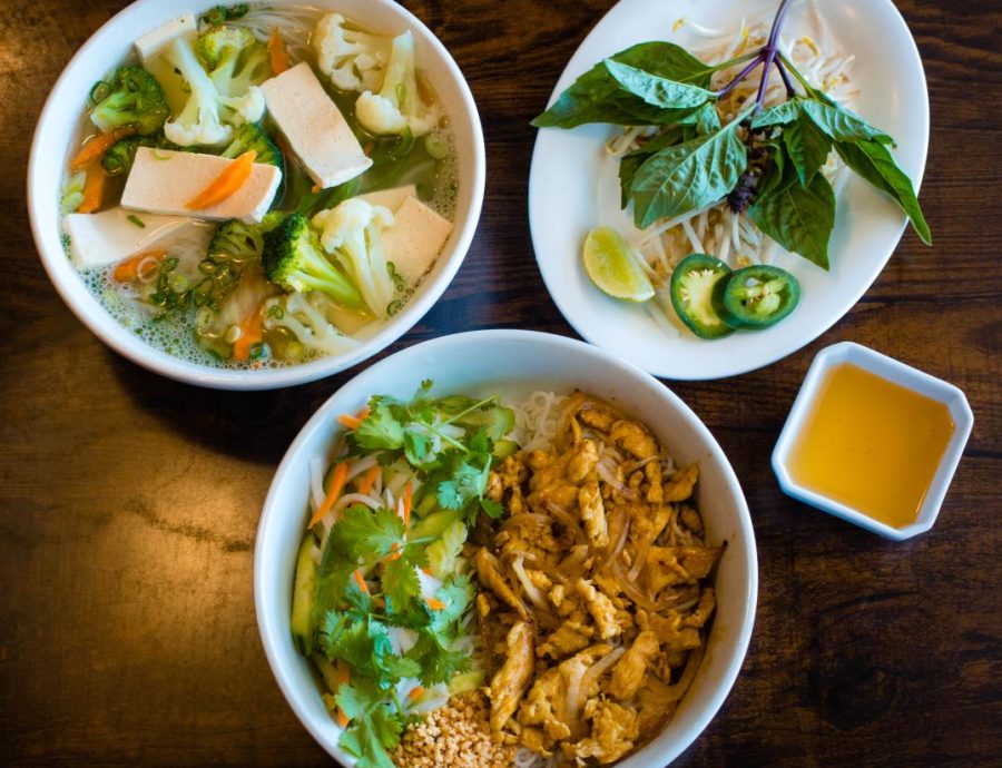 Dishes at K&L Asian Restaurant reflect the Vietnamese culture by bringing flavors from that region
of the world to the United States. Seen are a Vegan Pho, which is typically a dish served with beef, and Bun, or Vermicelli Noodle with chicken, which is typically made with pork. The owners of K&L wanted to treat customers to the best of both cultures.