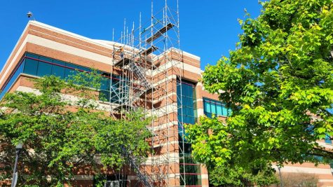 Scaffolding outside Jody Richards Hall due to a roofing construction project on Wednesday, May 10.