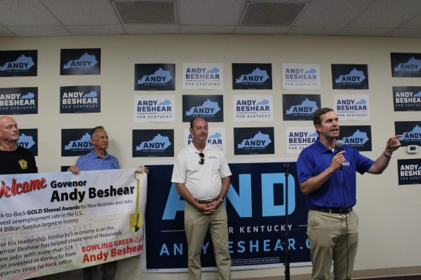 Gov. Andy Beshear gives a speech at the opening of the Warren County field office on Friday, July 14.