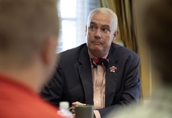 WKU President Timothy C. Caboni speaks with members of the College Heights Herald editorial board at the President’s House on Thursday, Aug. 17, 2023.