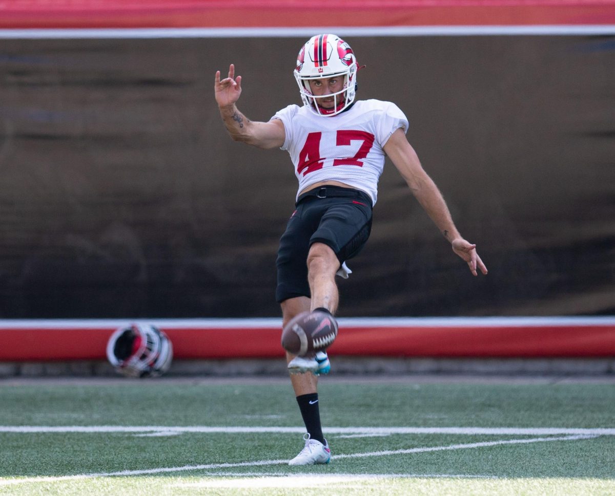 Tom Ellard looks towards the ball he just punted during WKU’s practice at Feix Field in Bowling Green, Ky. on Tuesday, August 29, 2023. 