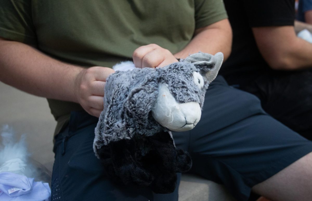 Logan Bell stuffs a goat plush during the Create-a-Creature event at Centennial Mall on Aug. 18, 2023.