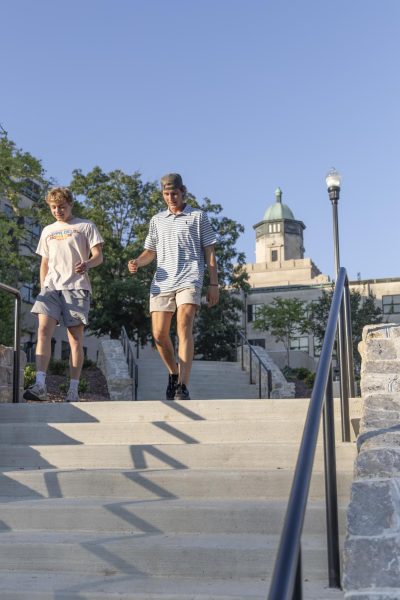 Dramatic change came to WKU’s Hill in recent months as Garrett Con- ference Center was replaced with green space, walkways and panoramic views. Students coming down the Hill from Cherry Hall can take stairs or more accessible routes.