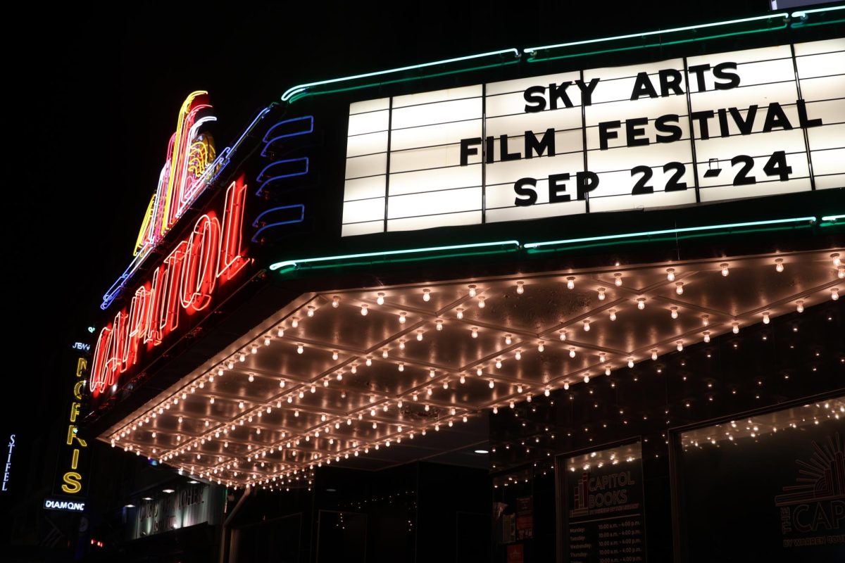 The Capitol Arts Building is seen advertising the Sky Arts Film Festival on the evening of September 23, 2023.