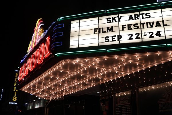 The Capitol Arts Building is seen advertising the Sky Arts Film Festival on the evening of September 23, 2023.