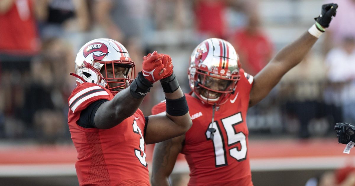 Junior linebacker JaQues Evans (3) celebrates after a touchdown during the contest against South Florida at L.T. Smith Stadium on Saturday, Sept. 2, 2023. WKU won against South Florida 41-24.