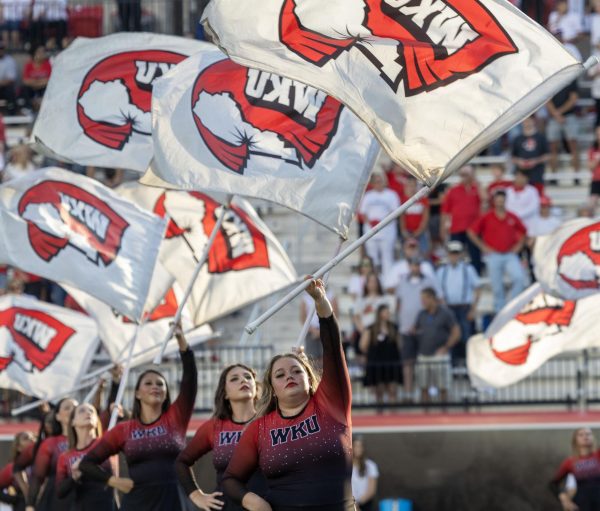 Members of the WKU Color Guard perform at a football game against Houston Christian on Sept. 9, 2023. 