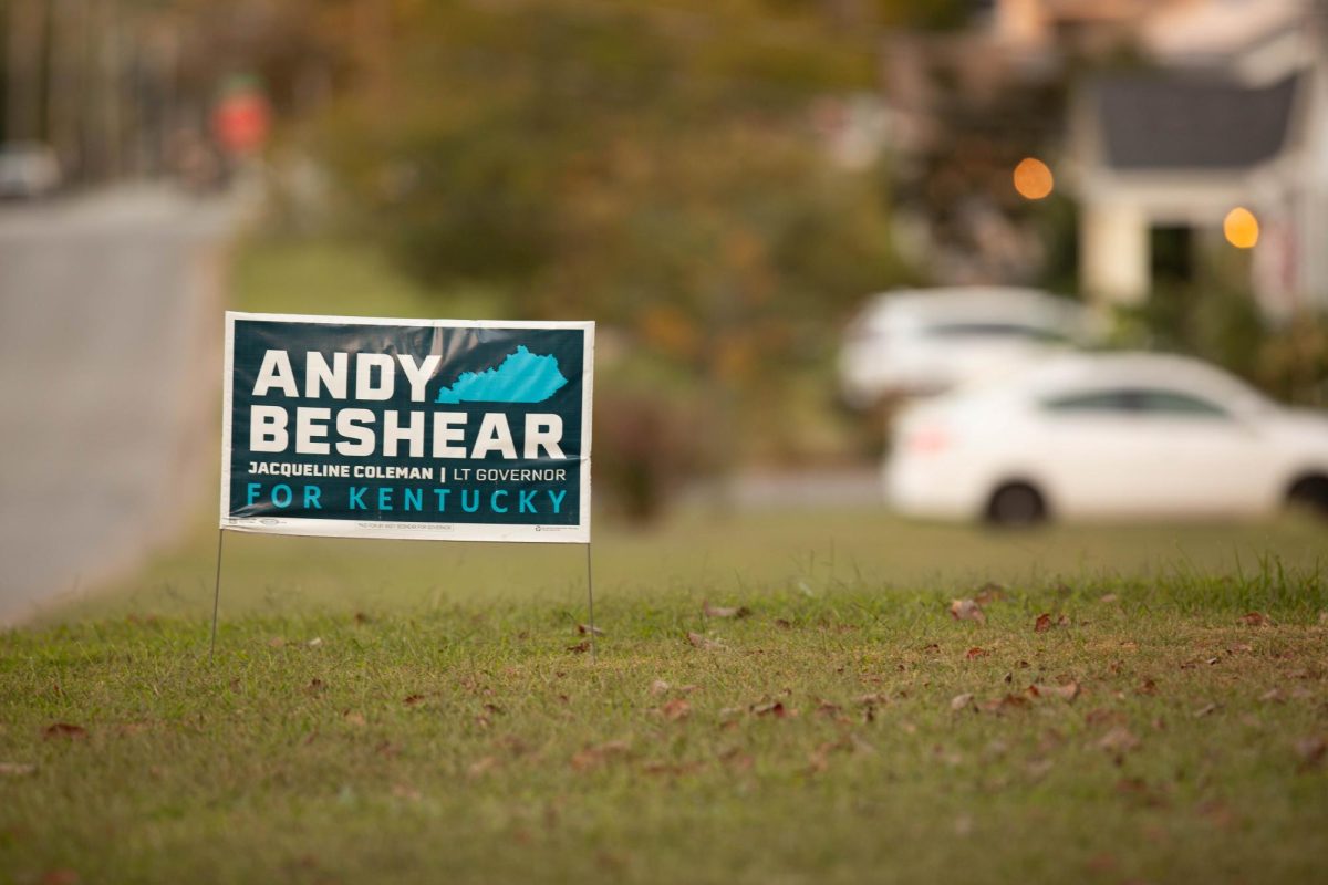 A yard sign showing support for gubernatorial incumbent and Democratic nominee Gov. Andy Beshear is seen at a home in Bowling Green.
