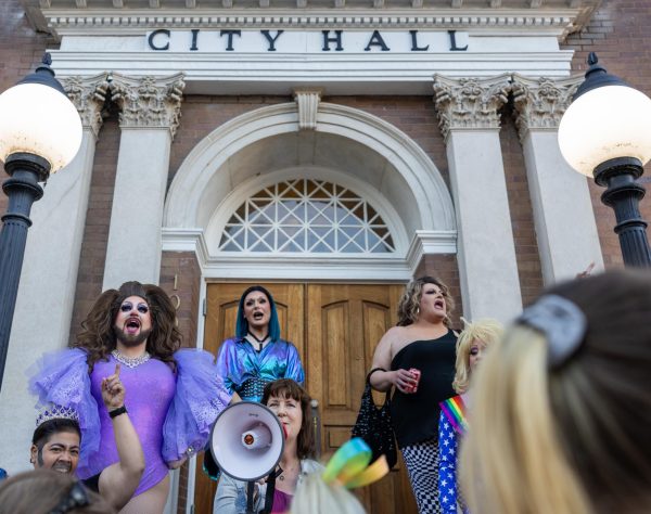 A march to Bowling Green City Hall is led by former Kentucky State Representative Patti Minter and local drag queens on Oct. 21, 2023. Minter spoke to the crowd about voting in the upcoming Kentucky governors election.