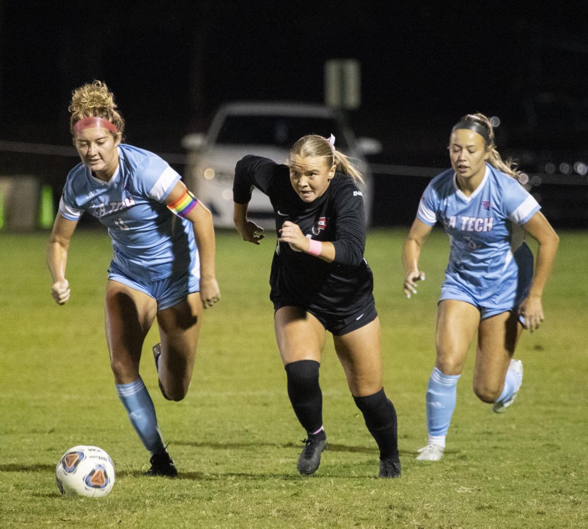 Forward Kayla Meyer competes for a loose ball during a matchup with LA Tech on October 12, 2023.