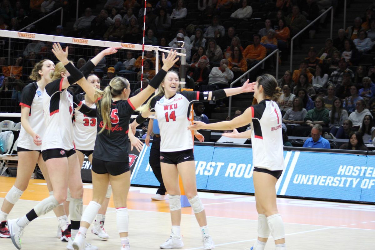 The Hilltoppers celebrate a point. The team put up a cumulative .478 hitting percentage during the game against Coastal Carolina on Dec. 1 in the first round of the NCAA DIvision I Volleyball Championship.