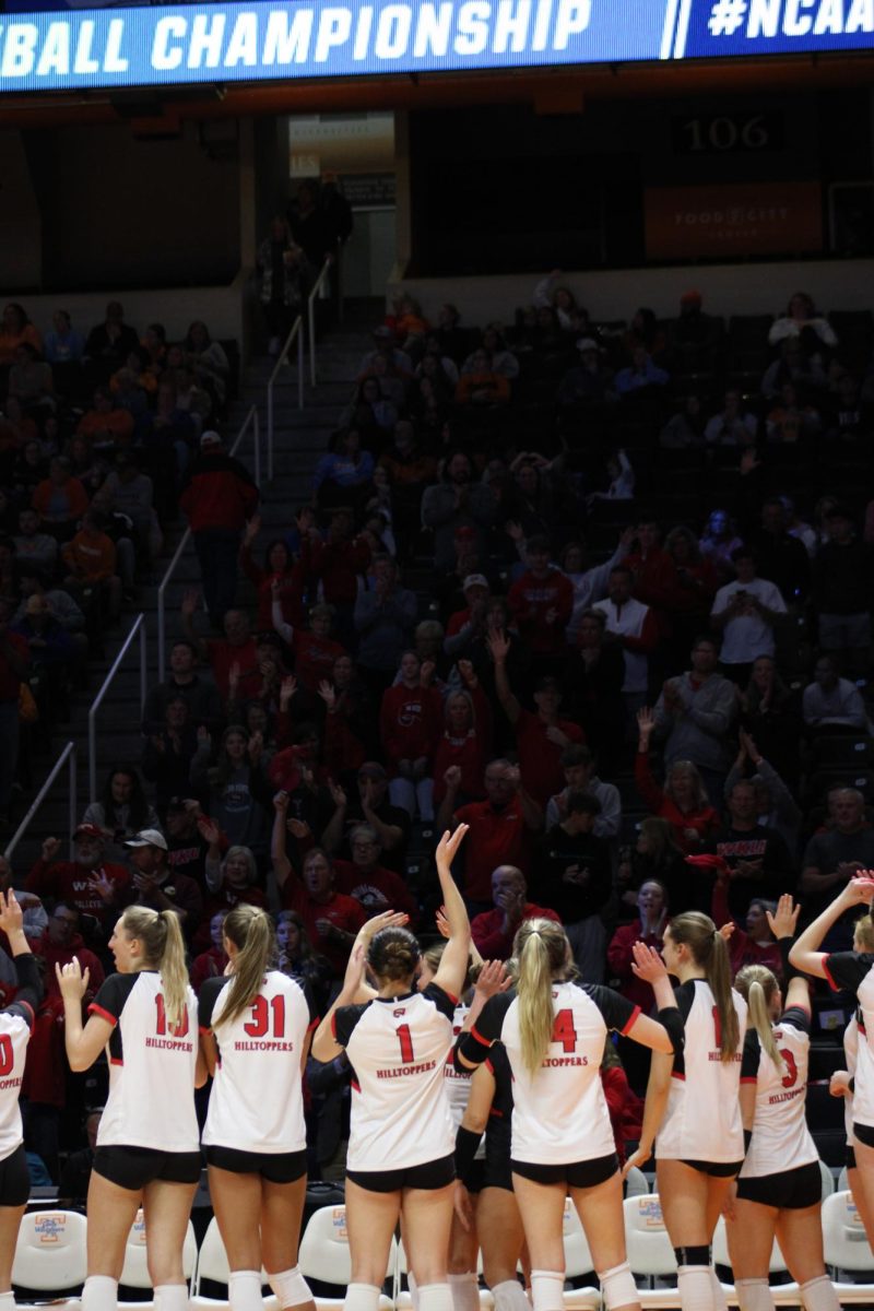 WKU Volleyball waves to fans in Thompson-Boling Arena after defeating Coastal Carolina University in round one of the NCAA Division I Womens Volleyball Championship on Dec. 1, 2023.