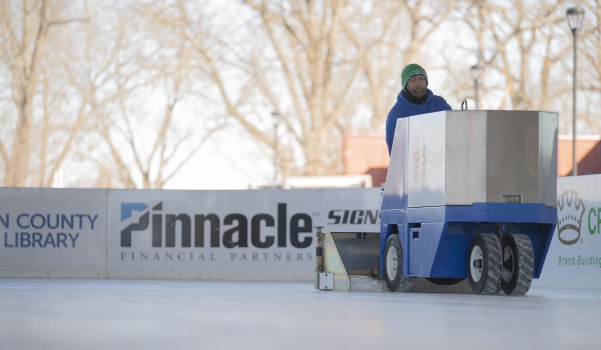 Ryan Pattee, special operations manager for Warren County Parks and Recreation, drives a small zamboni across the ice in preparation for cast iron skillet curling league later that night on Wednesday, Jan. 17. "This weather has been a blessing and curse," said Pattee. “We haven't had to work hard to keep the ice frozen but it’s much thicker than I'd like."