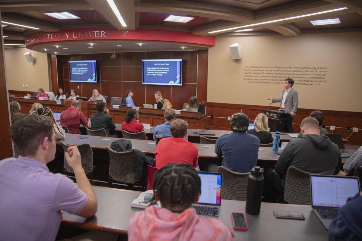 Administrative Vice President, Salvador Leon Golib, gives a brief report on SGAs finances at the first SGA meeting of the semester on Tuesday, Jan. 23. 